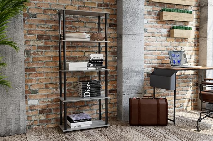 Furinno TURN-N-TUBE Storage Shelves, 5-Tier Book Shelf, Corner Shelf, Toolless Open Shelves, for Organization and Storage, Living Room, Garage, Home Office, French Oak
