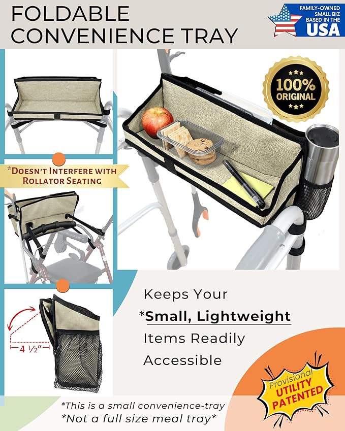 Walker Basket for Folding Walker with Flip-Down Walker Tray | Handy Cane/Reacher Strap & Cup Holder | Walker Bags for Folding Walker with Wheels, Organizer for Walker Accessories for Walker Caddy-SAND