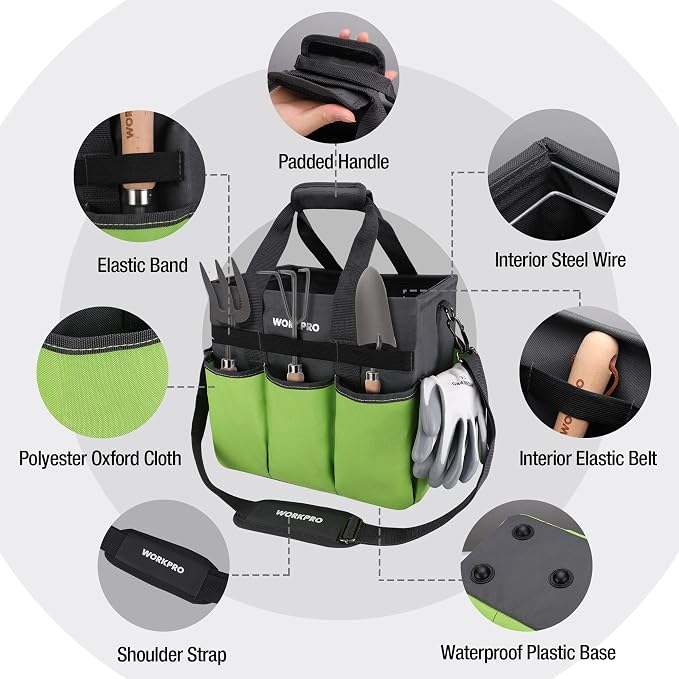 WORKPRO Garden Tool Bag, 10 Pockets and Shoulder Strap, Green | Heavy Duty Gardening Organizer Tote Bag Standable Garden Home Tool Kits Organizer (Tools are not Included)