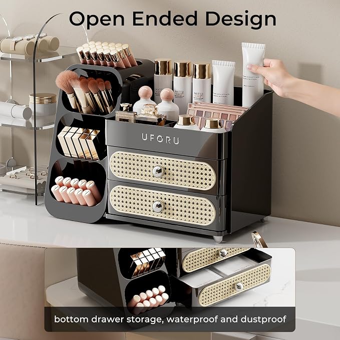 UFORU Makeup Organizer for Vanity with Brush Holder, Large Capacity Bathroom Countertop Skincare Organizer with 2 Drawers, Cosmetic Display Case for Perfumes, Eyeshadow Palettes, Nail Polishes