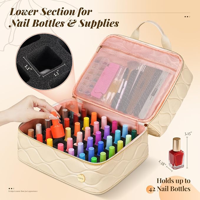 YOREPEK 2 Layer Nail Polish Organizer Case for 42+ Bottles (15ml/0.5 fl.oz) | Nail Kit Bag with Compartments for Nail Supplies, Nail Stuff, UV Lamp, Nail Tech Organizers and Storage for Manicure Tools