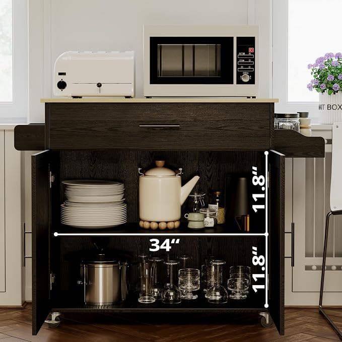IRONCK Rolling Kitchen Island Cart with Drop-Leaf and Wine Rack, Black | Wheels, Drawers, Open Shelves, Adjustable Shelves, and Spacious Drawer Storage