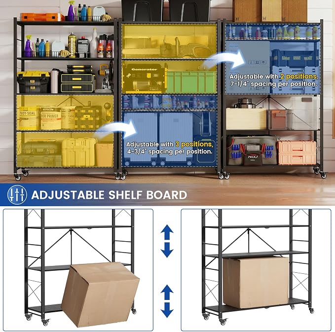 ALANNG 40" W Foldable 5-Tier Storage Shelves on Wheels Adjustable | Removable Metal Rack, Heavy Duty Rolling Organizer for Kitchen, Garage, Closet, Pantry, and Office (Black,2 Pack)