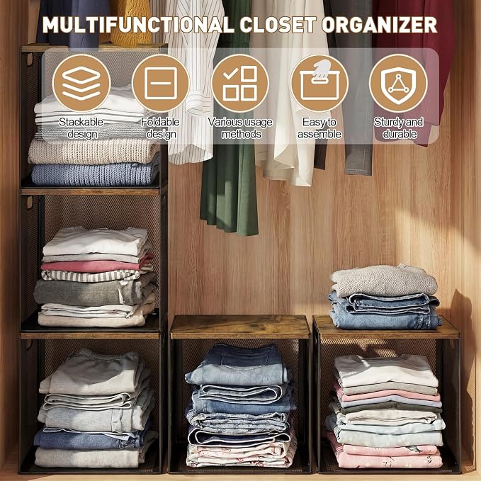 AceOrbit 3 Pcs Widened Stackable Closet Organizers and Storage with Wood Top Foldable Metal Cube Closet Shelf DIY Space Saving Linen Clothes Shoes Bed Sheet Bin for Wardrobe Bedroom(12"x12"x12", Dark)