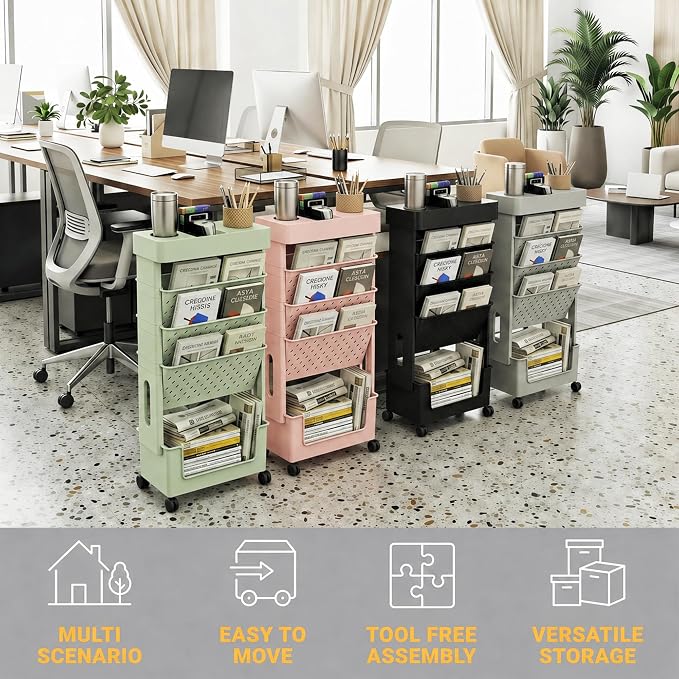 5-Tier Rolling Bookshelf Magazine Rack with Wheels Green | Mobile Bookcase, Book Storage, File Folder Organizer Cart for Home Study Office Living Room Classroom