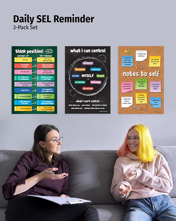 ZOCO – Social Emotional Learning Posters for Teens (3-Pack) – Laminated 12x18 – Growth Mindset Mental Health Mindfulness & SEL Wall Art for Classrooms Counseling Therapy or School Counselor Offices