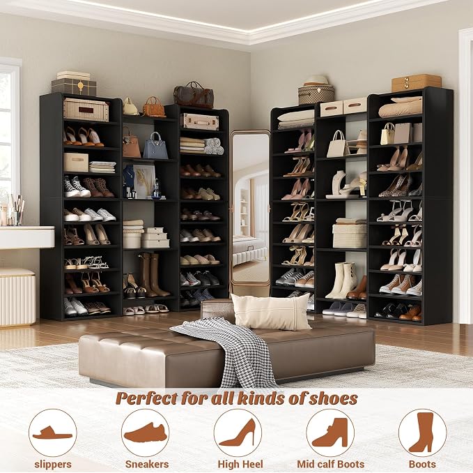 Unikito 14-Tier Shoe Cabinet, Wood Shoe Storage Organizer for Entryway, Freestanding Shoe Rack Cabinet with 22 Open Cubbies for Front Door Entrance, Living Room, Hallway, Bedroom, Black