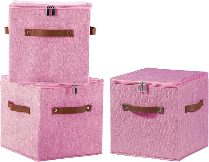 11inch Storage Boxes Cubes with Zipper Lid Collapsible Fabric Lidded Storage Bins Baskets PU Leather Handle Cotton Linen Decorative Shelf Closet Organizer Container (Pink, 3PCS)
