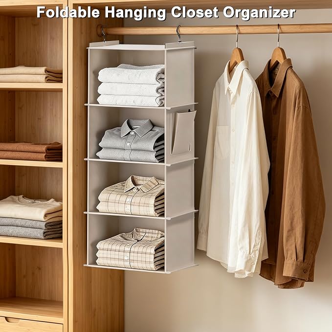 Foldable Hanging Closet Organizer, 4-Shelf Hanging Shelves with Side Pockets, Space Saving Storage for Clothes and Accessories