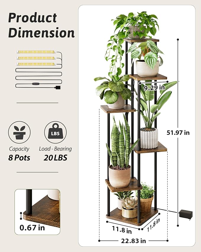 GENTINGBRO Corner Plant Stand Indoor 6 tiered plant shelf for Multiple Plants tall plant holder plant table metal shelving for Living Room Bedroom Balcony Patio Brown Oak with Light