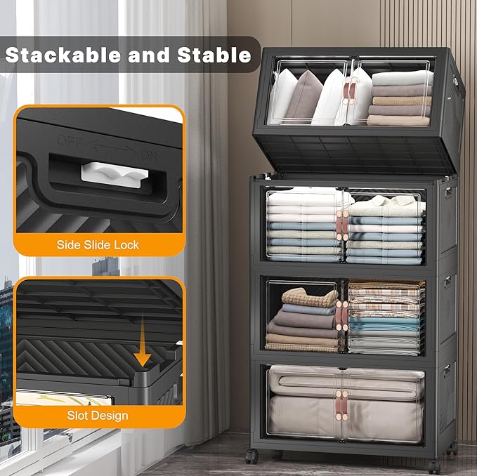 UAMFURI Stackable Storage Bins with Lids, Extra Large Plastic Organizer Cabinet Drawers, 896QT Collapsible Closet Containers with Doors and Wheels,For Bedroom, Kitchen, Office, Garage,(8Pack Cube)