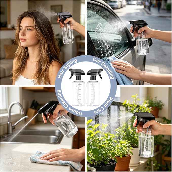 360° Spray Bottles 2 Pack 17oz Plastic Water Sprayer Small Squirt Bottle | Empty Water Spray Bottle Fine Mist Upside Down Containers with Adjustable Nozzle BPA Free for Hair Cleaning Cooking Plant Pet