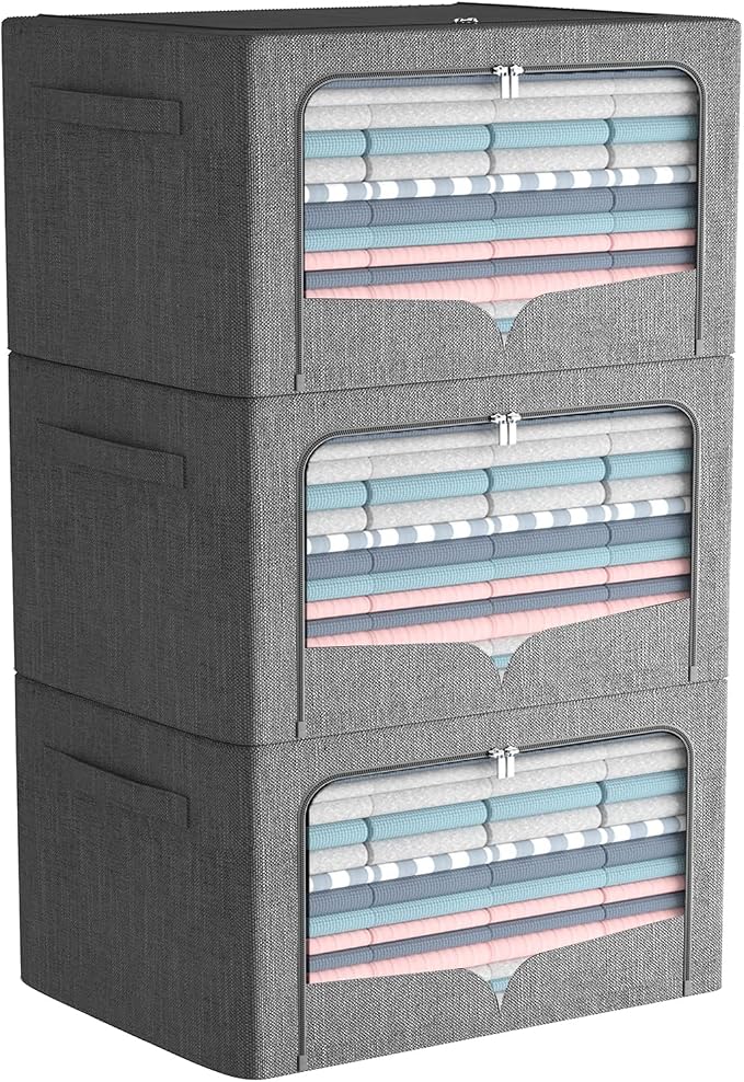 FHSQX 3 Pack Clothes Storage Bins Foldable Metal Frame Storage Box Stackable Linen Fabric Organizer Set with Carrying Handles and Clear Window (Dark Gray, 15.7x11.8x7.8inch(22L))