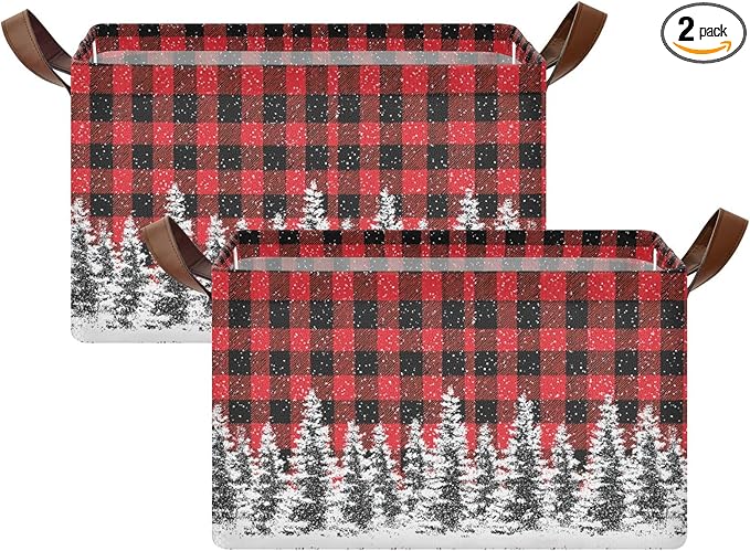 Xmas Tree Red and Black Buffalo Plaid Storage Basket Foldable Cube Storage Bins with Handles&Label Waterproof Organizer Box Bin Large Rectangle Decorative Baskets for Shelves Home Room Laundry-2 Pack