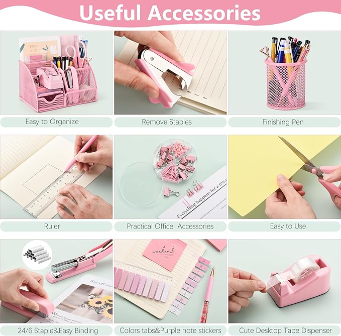 Fayoo 11 Pcs Pink Office Supplies Set Mesh Desk Organizer Accessories Kit include Stapler Tape Dispenser Staple Remover Clips Ruler Scissors Sticky Notes for Office School Home Women (Pink)