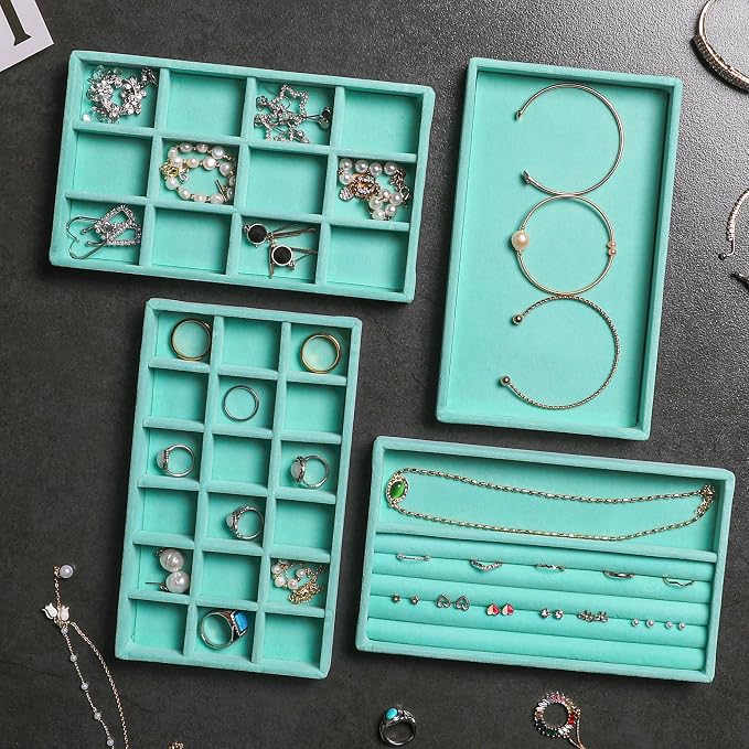 Frebeauty Jewelry Trays for Drawer,Set of 4 Jewelry Organizer and Storage | Velvet Material,Earring Holder Organizer,Stackable Jewelry Display for Vanity,Drawer Inserts for Rings,Studs,8.3×4.9 inch