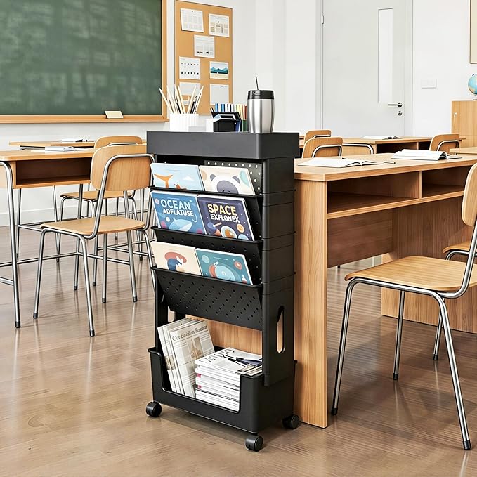 5-Tier Rolling Bookshelf Magazine Rack with Wheels Black | Mobile Bookcase, Book Storage File Folder Organizer Cart for Home Study Office Living Room Classroom