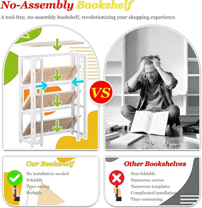 UDD 4 Tier Wide Folding Bookshelf No Tools Assembly, 34.5" H x 30.9" W, Foldable Book Shelf Vintage Collapsible Bookcase, Industrial Storage Shelves for Bedroom Office Living Room, Light Oak White