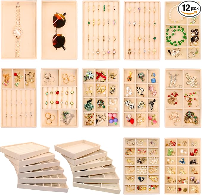 12PCS Stackable Jewelry Drawer Organizer Inserts Jewellry Trays Velvet Earring Jewelryy Dispaly Case for Earring Holder Necklace Bracelet Ring Watch