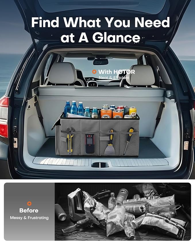 HOTOR Trunk Organizer for Car - Car Organizer, Foldable Trunk organizer for SUVs & Sedans, Sturdy Organization for Car Accessories, Tools, Sundries, Grey, 2 Compartments, 21.3"×12.6"×10.6"