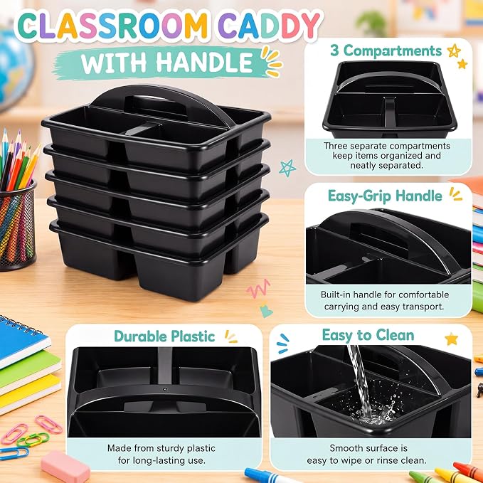 Hushee 6 Pcs Classroom Caddy Plastic Stackable Caddy Organizer with Handle 3 Compartment with 42 Label Portable Craft Basket Organization Storage for Desk Teacher Office School Supplies(Black)