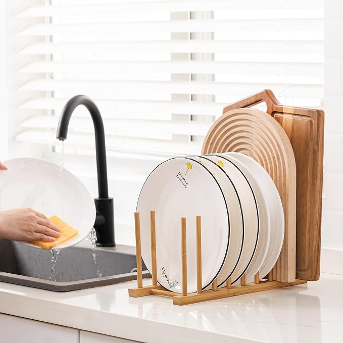 HBlife Heighten and Widen Bamboo Dish Drying Rack Plate Pot Lid Organizer | Plate Bowl Cup Book Pot Lid Cutting Board Stand, Drainer Storage Holder Organizer, For Kitchen Cabinet, 8 Slots