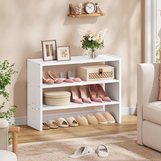 Hoctieon 3-Tier Expandable Shoe Shelf, Adjustable Shoe Shelf Storage Organizer, Stackable Iron Wood Combination Free Standing Shoe Rack for Entryway, Closet, Doorway, White
