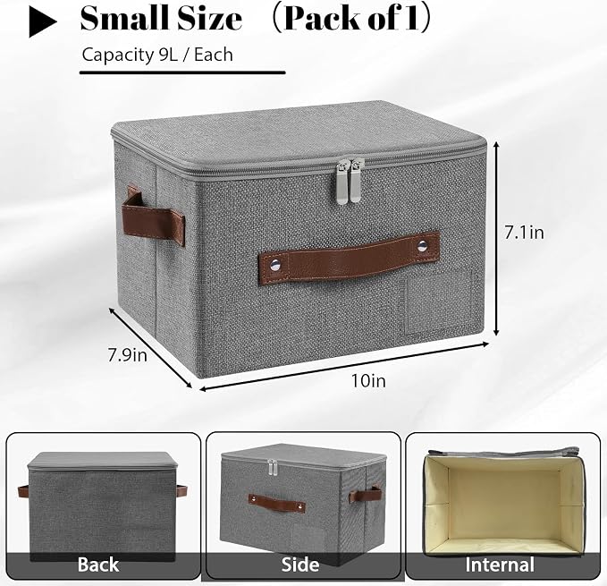 ANMINY Small Fabric Storage Box Bins with Zipper Lid, Washable Gray | Cotton Linen Fabric, PP Board Frame, Label Holder, Stackable & Foldable, PU Handles, Dual-Zipper 3-Side Open Lid