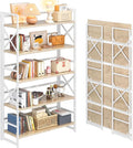 4NM Extra Wide 5 Tiers No Assembly Book Shelves, 51.2" H Folding Bookshelf Bookcase Open Industrial Foldable Shelves for Bedroom, Living Room, Home Office - Natural White
