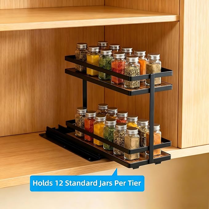 Pull Out Spice Rack 4Pcs Metal & Wood Seasoning Organizer Black | No-Drill Install | Full-Extension Silent Glide | Each Tier Holds 10–12 Standard Spice Bottles | Rustproof, Wipe-Clean Surface