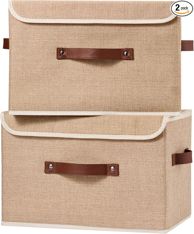 2PCS Storage Boxes with Lid Cotton Linen Fabric Storage Bins Organizer Container Decorative Collapsible Washable Shelf Closet Baskets Faux Leather Handles Home Bedroom (Linen, Large)