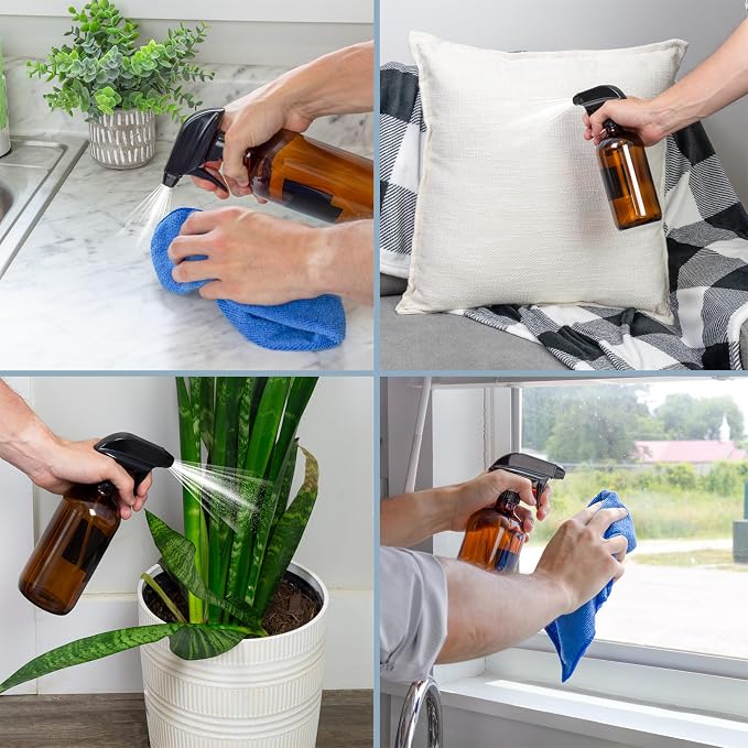 Cornucopia Brands 16oz Amber Glass Spray Bottles w/Reusable Chalk Labels (2 Pack), Heavy Duty Mist & Stream 3-Setting Sprayer; Great for Essential Oils