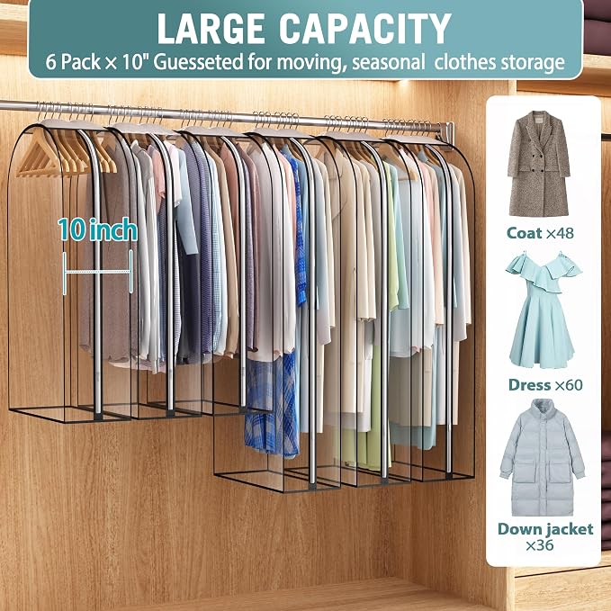 Liuoud Clear Garment Bag for Hanging Clothes 10” Gusseted, (40&50") Suit Bags for Open Closet Storage Plastic Clothes Cover for Coat, Dress, Shirts, Fur, Jacket, Wardrobe Protectors, 6 Pack