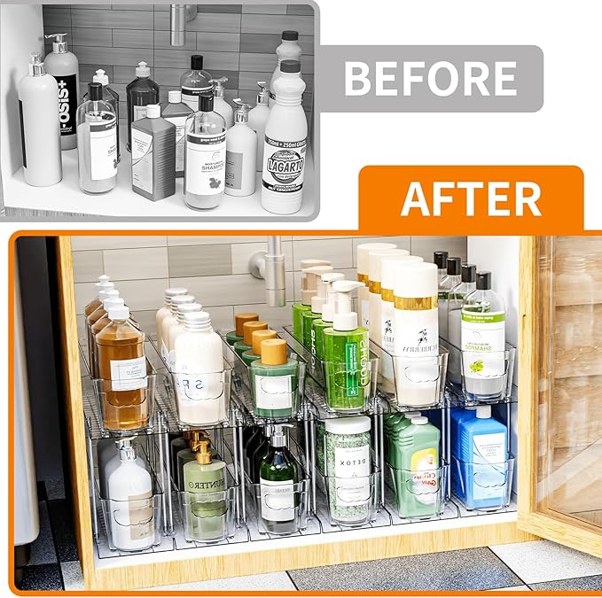 SUOXING 6 Pack Bathroom Under Sink Organizer for Small Spaces,5.1" Narrow 2 Tier Under Cabinet Storage for Cleaning Supplies Organization,Pull Out Kitchen Cupboard Underneath Sink Organizer,Clear