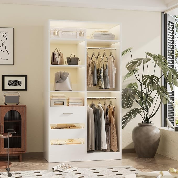 36 Inches Modular Closet Drawers System, 3FT Wood Closet Organiser with Closed & Half-Open Drawers, Walk-in Freestanding Wardrobe Storage Cabinet with 6 Shelves, White (36"L x 15" W x 80" H)