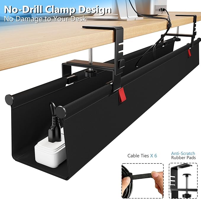 Litwaro Under Desk Cable Management Tray No Drill, 36" Cord Organizer with Clamp for Standing Desk, Premium Fabric Cable Tray with Wire Management for Office Home, Black