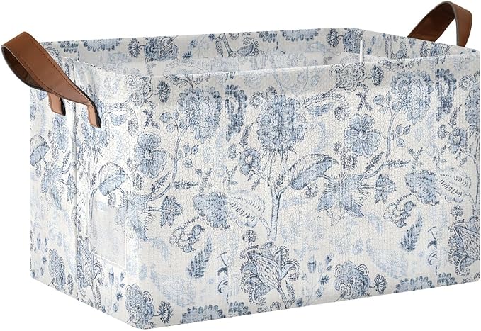 Vintage Blue Floral Rustic Retro Ethnic Storage Bins for Shelves with Labels&Handles Fabric Organizer Bin Foldable Rectangle Storage Basket Boxes for Closet, Bathroom, Home, Living Room