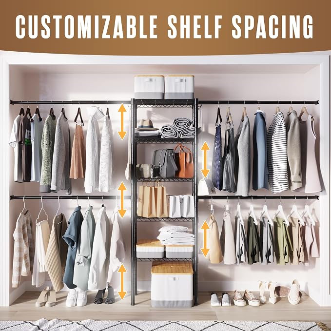 Wall Mounted Closet Organizer, Industrial Pipe Clothing Rack 83" x 50" | Houseables Garment Hanging Storage System Heavy Duty Open Wardrobe For Bedroom Boutique Retail Display 2 Rods, 2 Wood Shelves