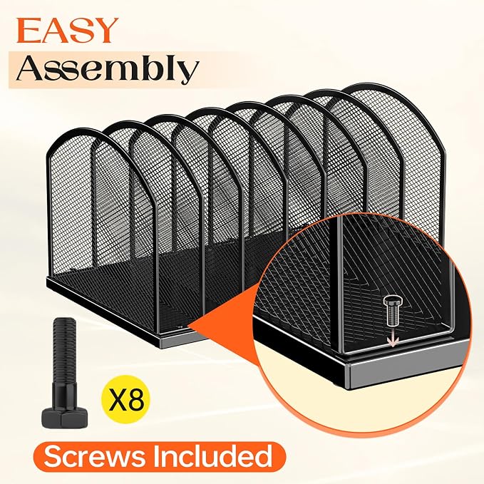 2 Pack 7-Section Metal Upright File Sorter Organizer，Office Small Letter Sorter Desktop File Organizer Metal Mesh Iron Sole, Black