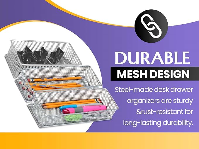 YBM HOME Silver Mesh Drawer Cabinet and or Shelf Organizer Bins, School Supply Holder Office Desktop Organizer Basket (2, 3x6x2 Inch)