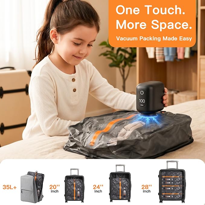 Travel Vacuum Bags With Pump, 3 Pack 22L Compression Kit For Clothes | IPX8 Waterproof; 3-5 Minute Compression; USB-C Cordless Pump; Up To 60-Minute Runtime; Saves Up To 60% Space; Airtight Seal