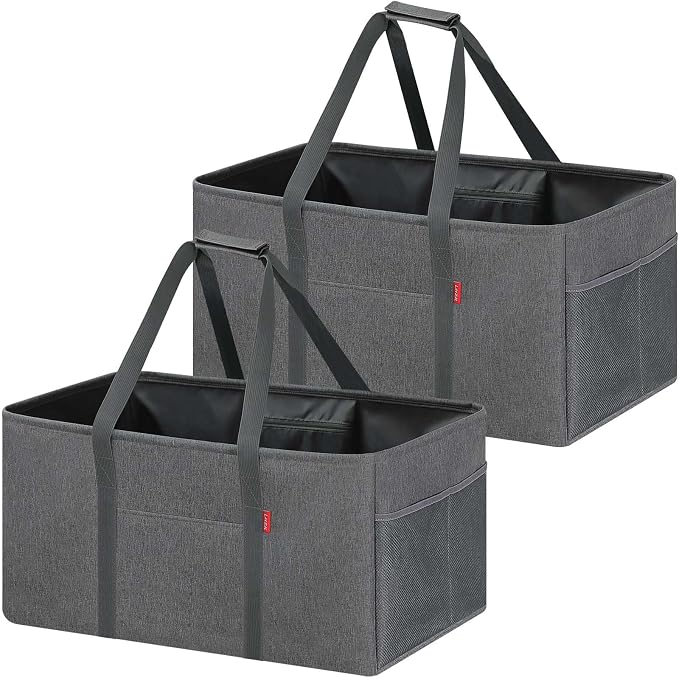 LHZK 2 Pack Extra Large Utility Tote Bag with Metal Wire Frame and the Sides Rinforced, Extra Large Tote Bag with Handle, Reusable Grocery Bags Foldable, Beach Bag, Car Tote (Gray, 26''x15''x13'')