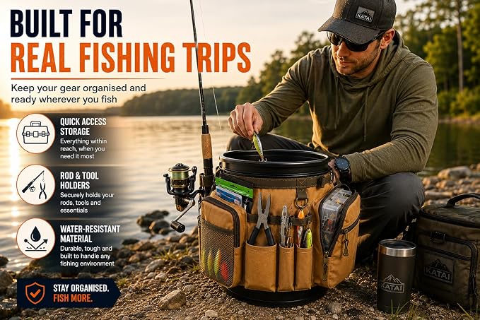 Katai Fishing Bucket Organizer for 5-Gallon Bucket – Heavy-Duty Water-Resistant Tackle Bag with Rod & Pliers Holders – Adjustable Straps & Multi-Pocket Design