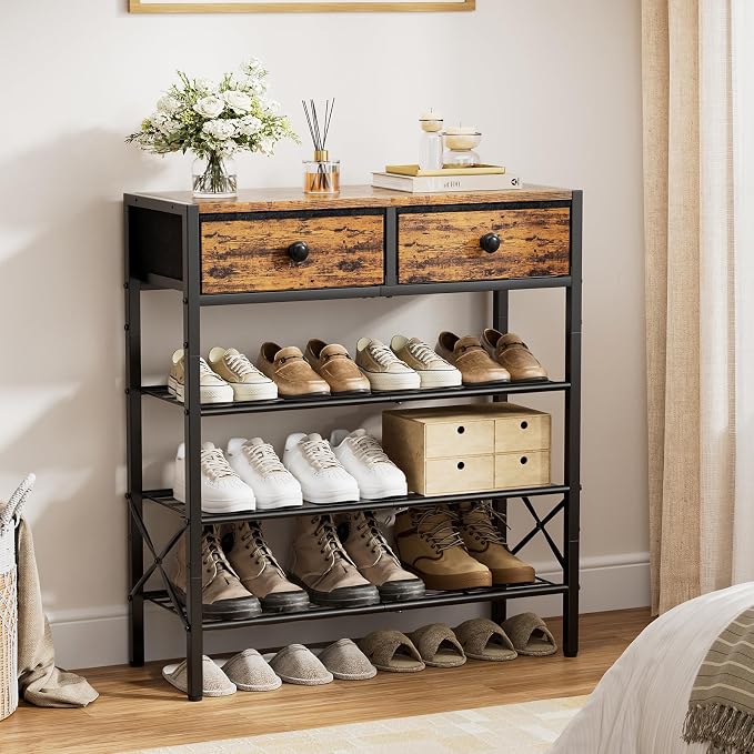 Shoe Rack for Entryway, 4 Tier Shoe Organizer with 2 Non-woven Drawers, Metal Storage Shoe Shelf for 12-16 Pairs of Shoes, with Wooden Top and Steel Frame, Shoe Stand for Closet Rustic Brown