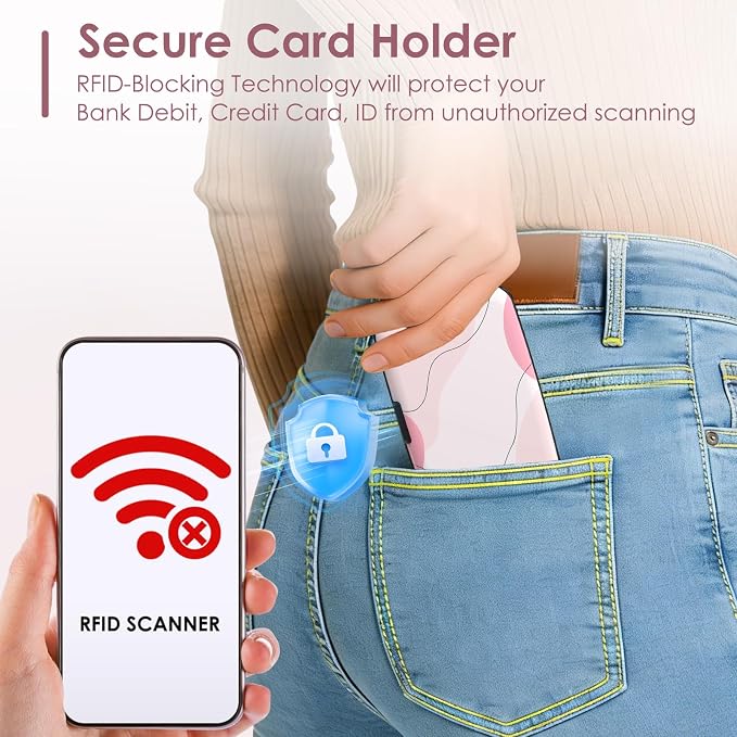 Credit Card Holder Small, RFID Blocking Metal Card Wallet for Women Men, Slim ID Card Holder Protector Hard Case, Pink Abstract