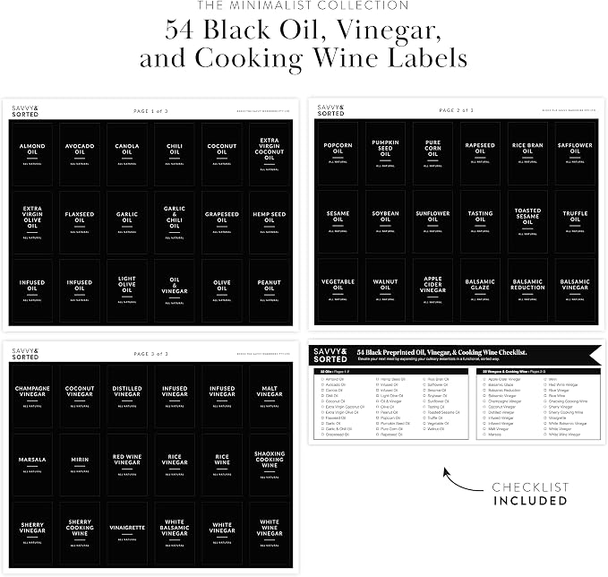 Black Oil Bottle Labels, 54 Preprinted Pantry Stickers for Oils and Vinegar Dispenser Glass Bottles, Condiment Jars, Waterproof Removable, Kitchen Organization