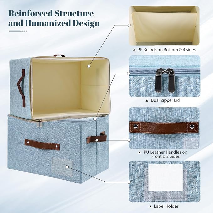 ANMINY Fabric Storage Box Bins with Zipper Lid, Washable Blue, 3PCS | Cotton Linen Fabric, PP Board Frame, Label Holder, Stackable & Foldable, PU Handles, Dual-Zipper 3-Side Open Lid, Large