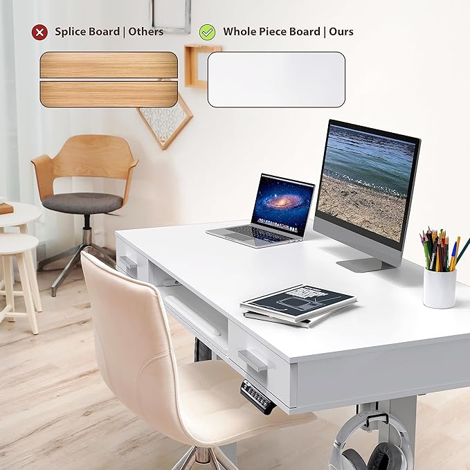 SHW 48-Inch Electric Height Adjustable Desk w/Keyboard Tray, White | w/ 2 Drawers | Memory Presets and Cable Management | Hanging Hooks