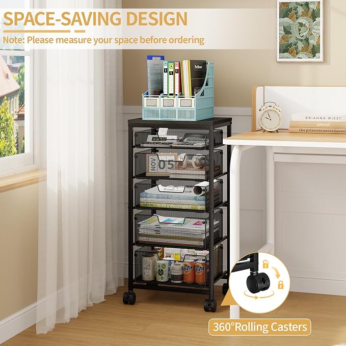 Sbanmao 5 Drawers Rolling Utility Cart, Rolling Storage Cart with Wooden Tabletop and Lockable Wheels, Storage Drawer Cart with Drawers, Craft Cart for Bedroom, Classroom, Home, Office,Black