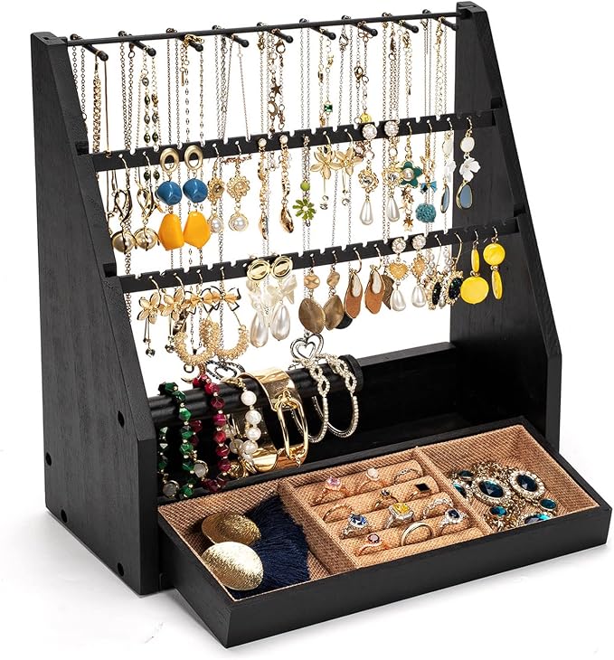 DGWJSU Earring Organizer, 5 Layer Earring Holder Organizer with Necklace Holder, Rustic Wood Jewelry Organizer Stand Display for Stud Earring Bracelet Necklace Ring, Watches